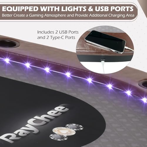 LED Poker Table, 10 Player Foldable Texas Holdem with LED Lights, USB Ports, Cup Holders A93805