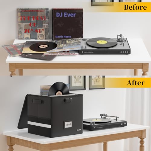Vinyl Record Storage Box with Lock, Fireproof & Water Resistant, Holds 100+ 12-Inch Records H505
