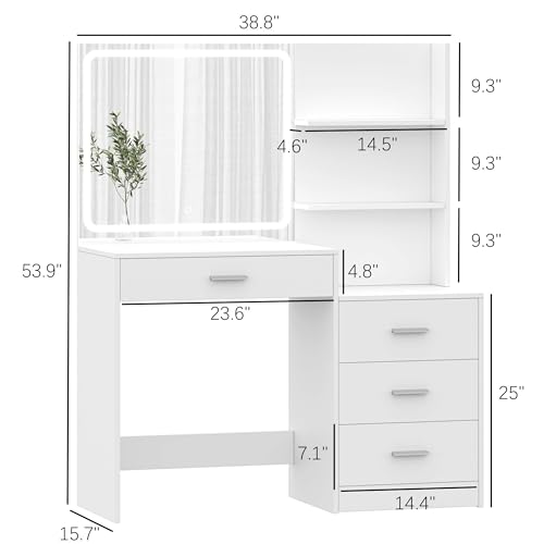 Makeup Vanity with 3-Color Dimmable Lighted Mirror, Side Storage Shelf & 4 Drawers E6505