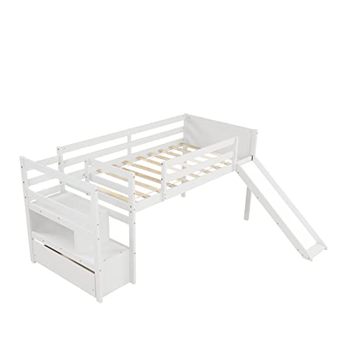 Wood House Loft Bed Frame with Slide and Storage Shelves Z806