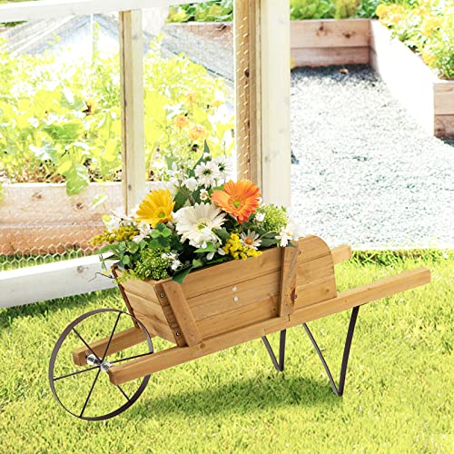 Wood Wagon Planter with Wheelbarrow Cart, Indoor Outdoor Raised Bed X798347
