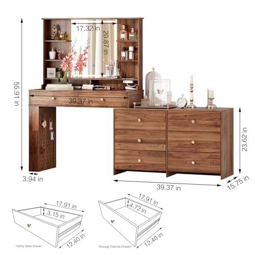 Large Makeup Vanity Desk with Mirror and Lights, 8 Drawers, Power Outlet B666