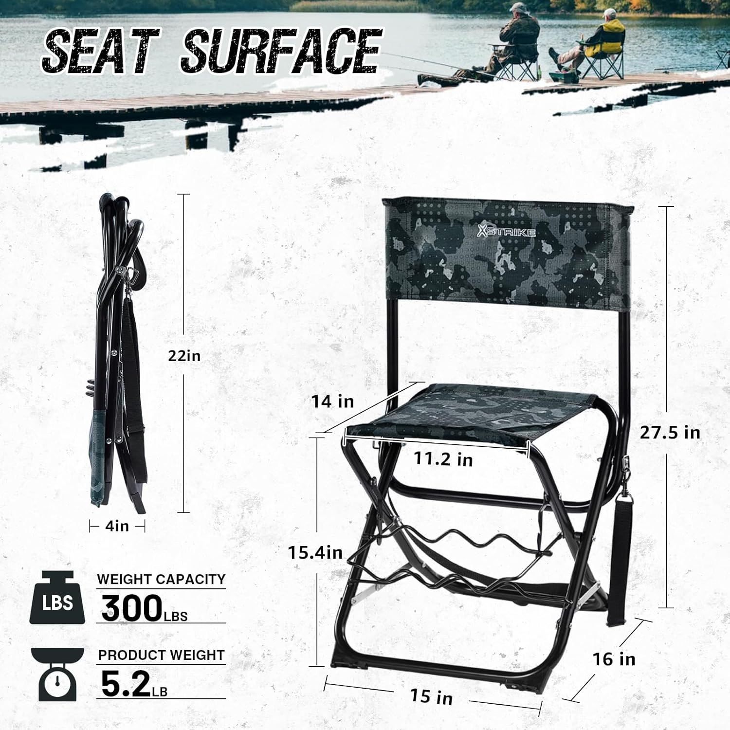 Folding Fishing Chair with Rod Holder, Portable Camping Stool for Adults, 300LBS Q66145