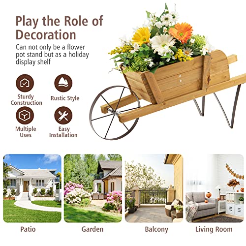 Wood Wagon Planter with Wheelbarrow Cart, Indoor Outdoor Raised Bed X798347