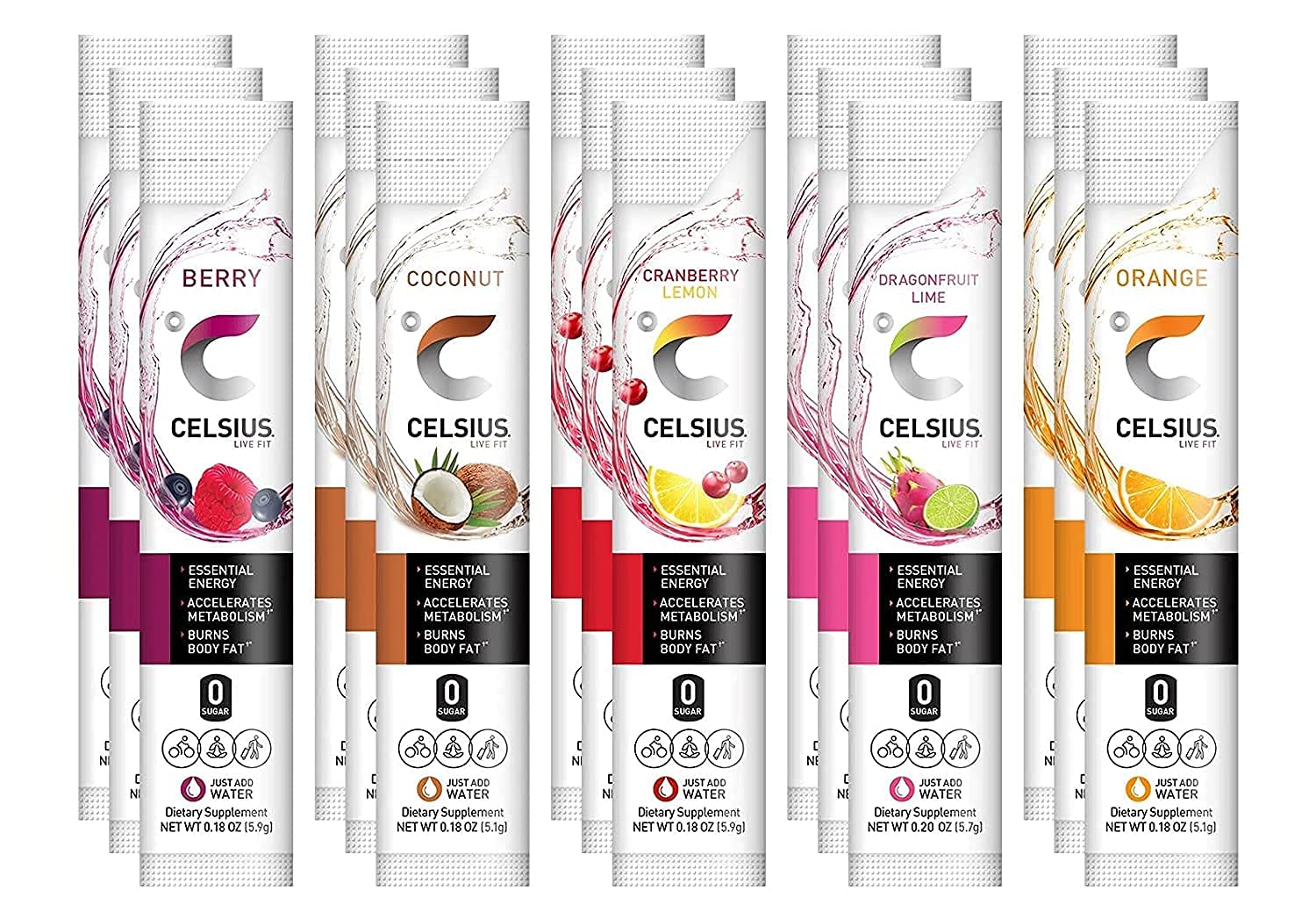 Celsius On-The-Go Powder Sticks - 5 Flavor Variety Pack | Berry, Orange, Coconut, Dragonfruit Lime & Cranberry Lemon - Zero Sugar | 3 of Each Flavor - Pack of 15…