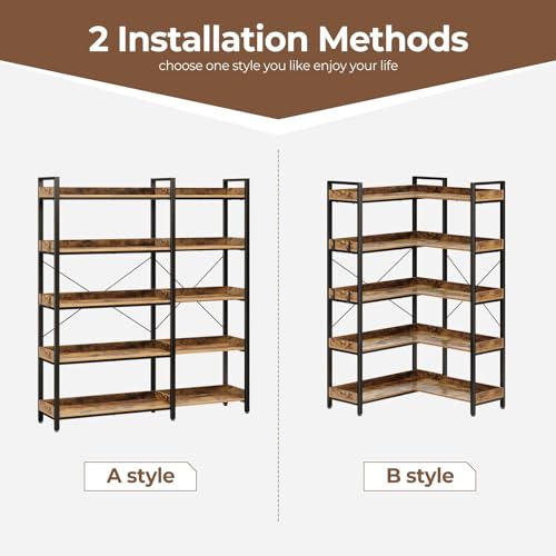 Corner Bookshelf 5-Tier with Hooks, Industrial Wooden Bookcase, Rustic Brown A796