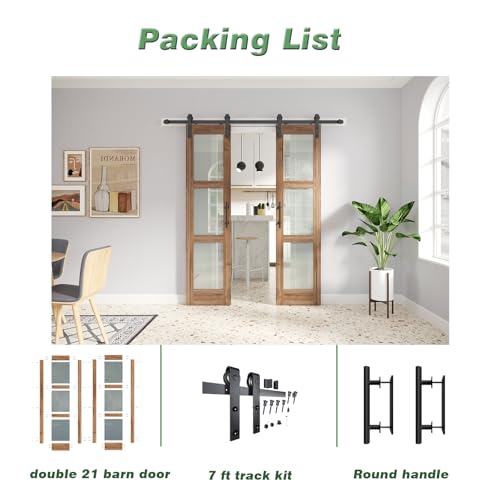 Double 18 x 84 inch Glass Barn Door with Hardware Kit & Handle Included, 3-Panel Frosted Glass, Need Assembly S404