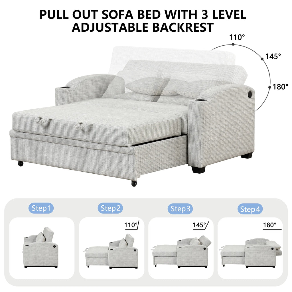 65" Pull Out Sofa Bed Chenille Convertible Loveseat with Adjustable Backrest W33639