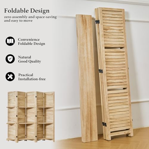 Folding Room Divider with Shelves, 6 Panels, Brown D785582