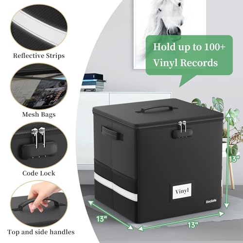 Vinyl Record Storage Box with Lock, Fireproof & Water Resistant, Holds 100+ 12-Inch Records H505