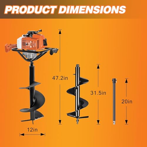 54cc Gas Powered Post Hole Digger Earth Auger with 4 Drill Bits and Extension Rod J44705