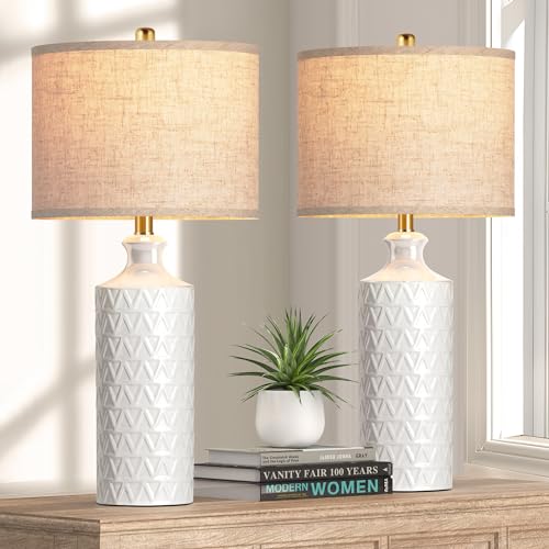 PARTPHONER Farmhouse Ceramic Table Lamp Set of 2, 25" Modern Accent White Bedside Lamp for Bedroom with 3-Color Temperature LED Bulbs, Classic Nightstand Lamps for Living Room Study Room Office