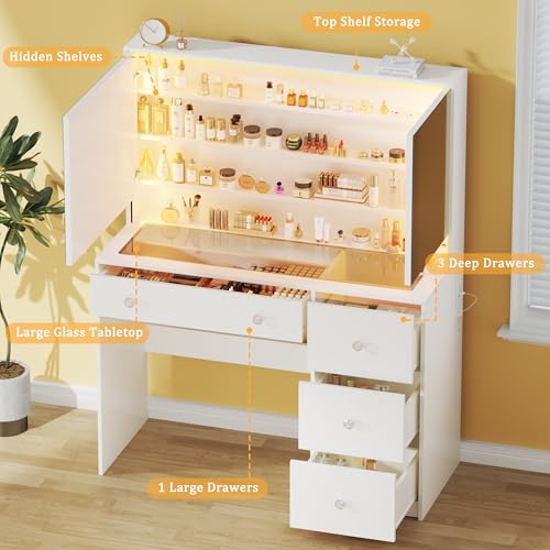 Vanity Desk with Mirror and Lights, 50" Makeup Vanity with Glass Top & Power Outlet F52929