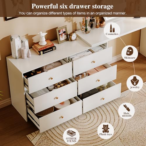Large Makeup Vanity Desk with Mirror and Lights, 8 Drawers, Power Outlet B666