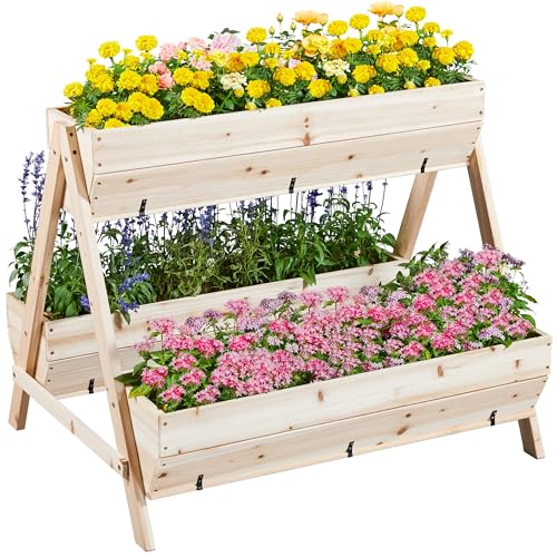 Yaheetech 44 x 36.5 x 35.5 Wooden Raised Garden Bed with Legs 3 Tiers Elevated Garden Bed Raised Planter Box Outdoor for Flowers Planter Gardening Bunk Bed for Vegetables, Herbs, 2pcs