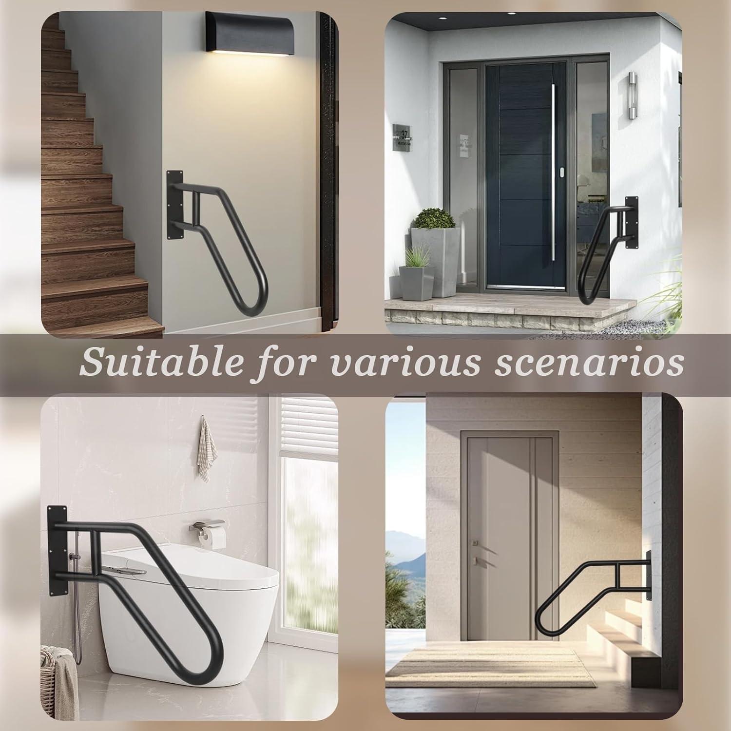 Stair Railing Wall Mount Handrail for Outdoor Steps, Stainless Steel, U-Shape, Black J942