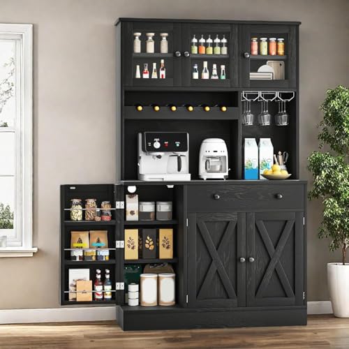 YITAHOME Kitchen Pantry Cabinet with Wine Rack & Power Outlet, 71" H Tall Storage Cabinet with Doors, Shelves, Drawer, Goblet Holder for Kitchen & Living Room (Grey)