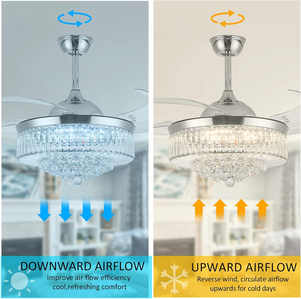 Crystal Ceiling Fan with Light, Dimmable LED Remote Control, Retractable Blades U2447