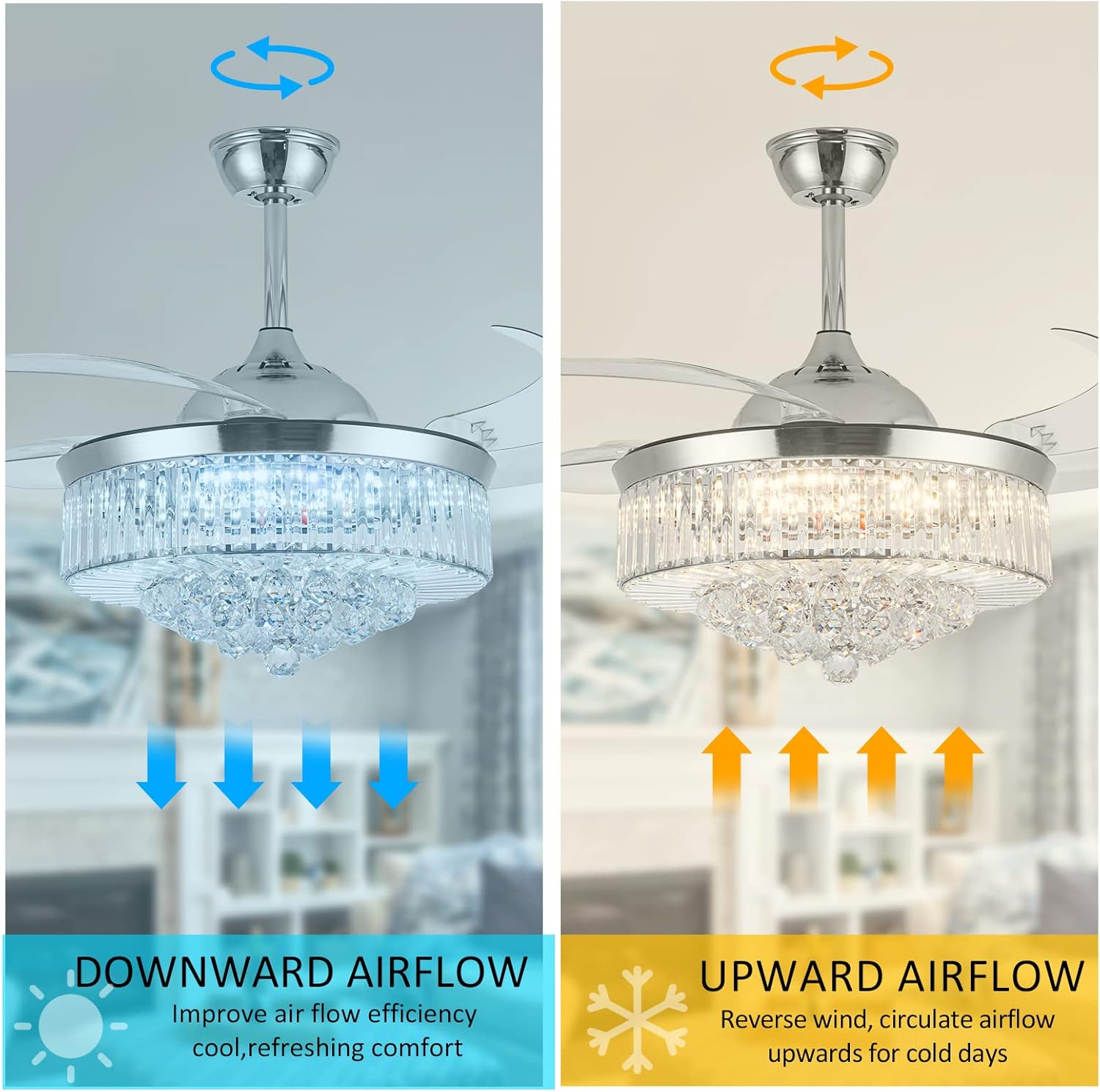 Crystal Ceiling Fan with Light, Dimmable LED Remote Control, Retractable Blades U2447