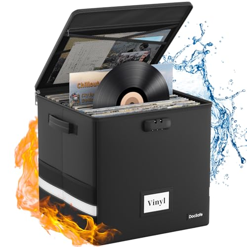 Vinyl Record Storage Box with Lock, Fireproof & Water Resistant, Holds 100+ 12-Inch Records H505
