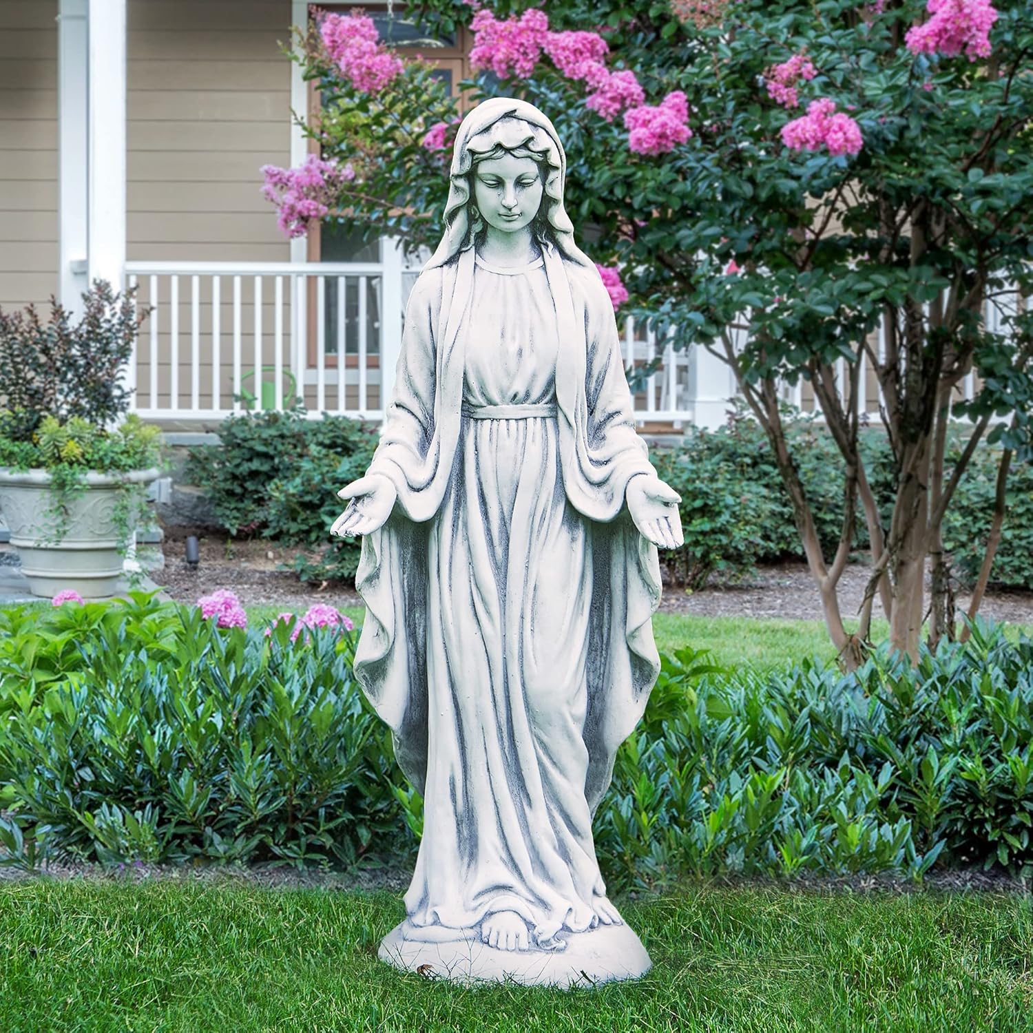 Virgin Mary Statue 29.9” Tall Religious Large Garden Statue Art Décor Blessed Mother Outdoor Statues for Garden in Magnesium Oxide Stone for Garden, Yard, Patio, Lawn, Hallway,Gray