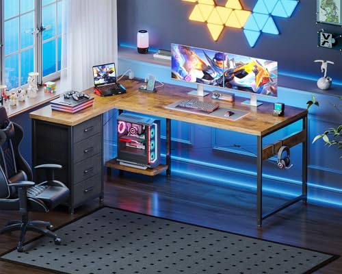 L Shaped Desk with 4 Tier Drawers, Power Outlets & USB, Corner Computer Desk with CPU Stand U4256