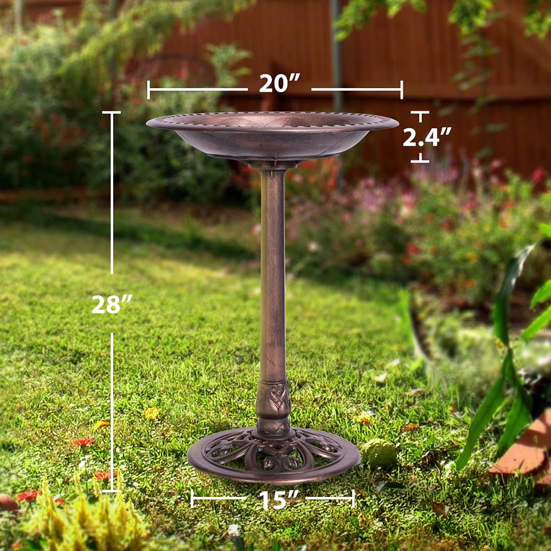 Polyresin Bird Bath with Metal Stake, 29 Inch Outdoor Freestanding Birdfeeder F405