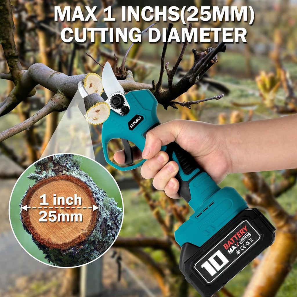 Cordless Electric Pruning Shears with 2 Rechargeable Batteries and 3 Blades, 25mm Cutting Diameter S93515