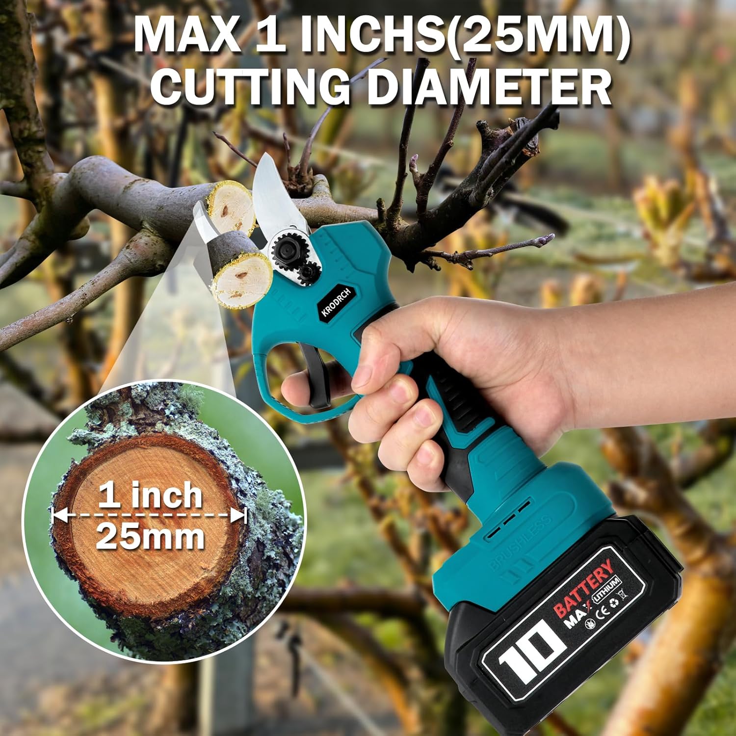 Cordless Electric Pruning Shears with 2 Rechargeable Batteries and 3 Blades, 25mm Cutting Diameter S93515
