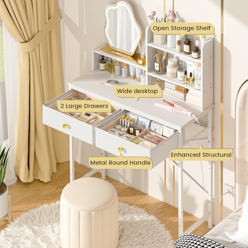 White Vanity Desk with 2 Drawers and Open Shelves B163