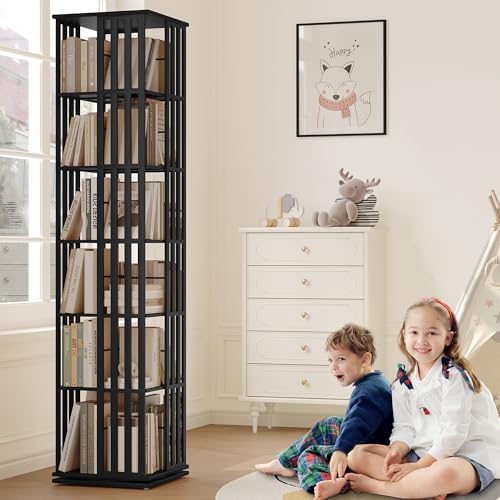 Rotating Bookshelf Tower, 360 Spinning Bamboo Bookcase, 6 Tier Floor Standing Storage Rack U3081
