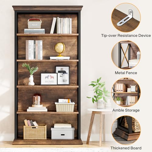 6-Tier Industrial Bookcase, 71 Inches Tall, Floor Standing Storage Shelves for Home Office, Brown and Black V7912