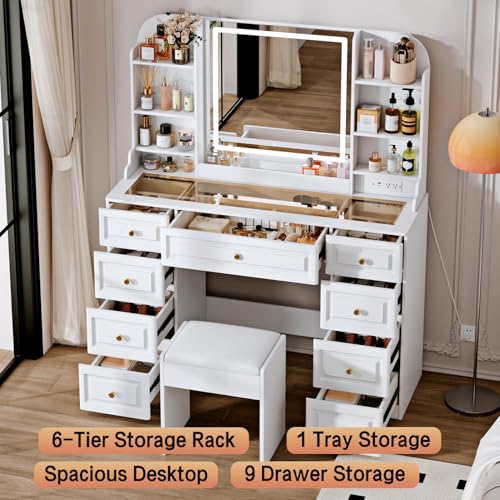 Makeup Vanity Desk with Mirror and Lights, Glass Top, 9 Drawers M5813