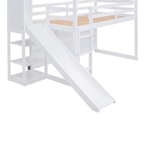 Wood House Loft Bed Frame with Slide and Storage Shelves Z806