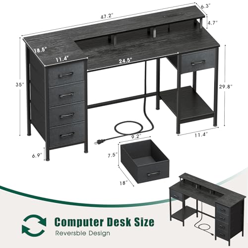 47 Inch Computer Gaming Desk with Power Outlets LED Lights and Storage Drawers I77165