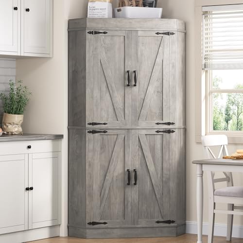 Corner Pantry Cabinet with 4 Doors and Shelves, Grey G77757