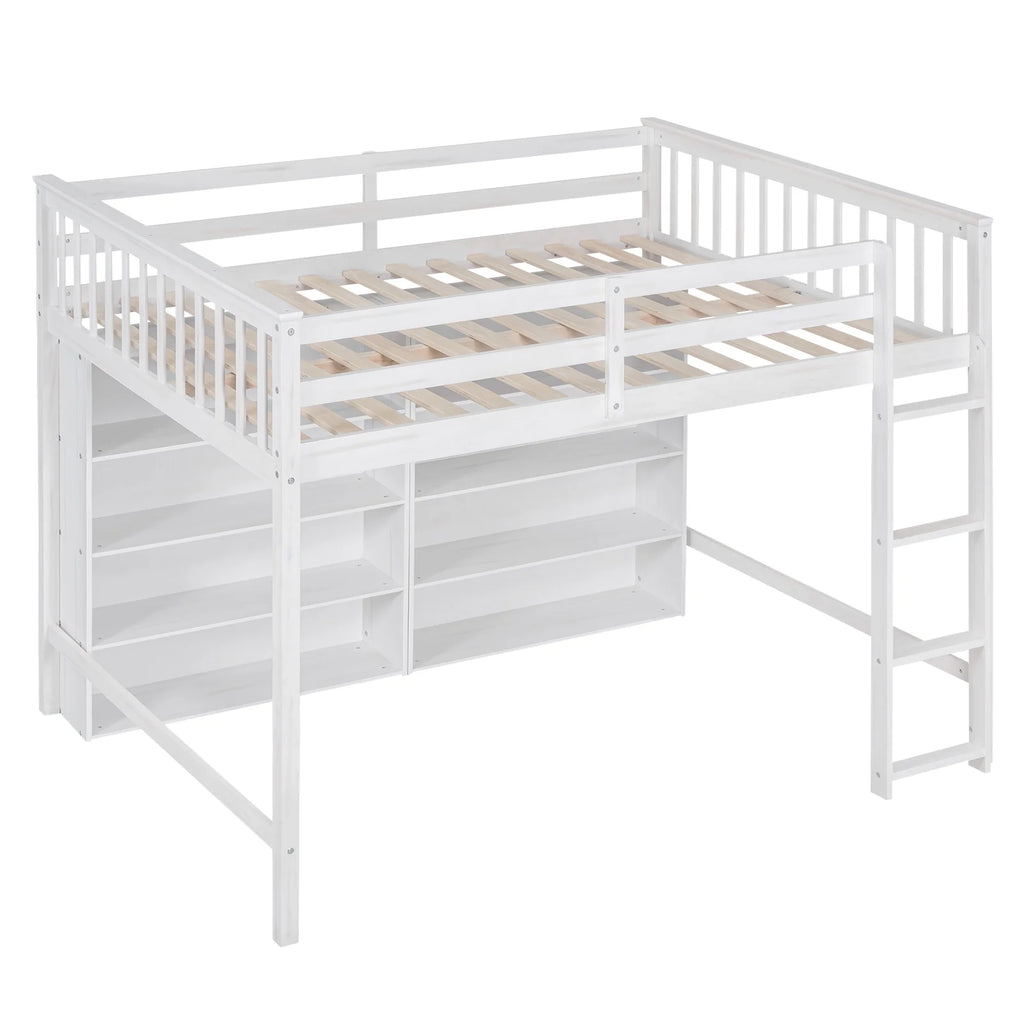 Wood Full Size Loft Bed with 8 Open Storage Shelves and Built-in Bookcase, White U209714
