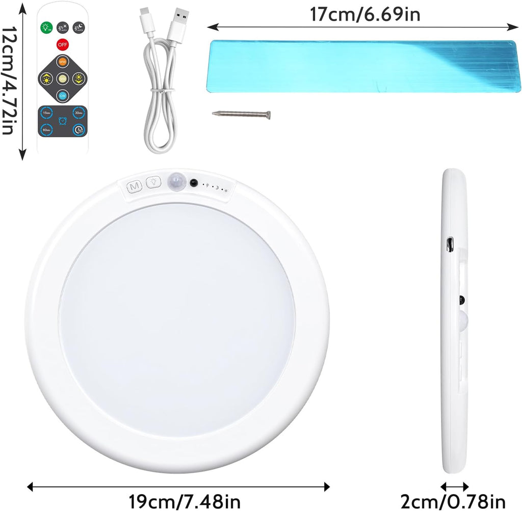 Motion Sensor Rechargeable Ceiling Light, 7.5 Inch 6500K, 3 Colors Dimmable with Remote G819