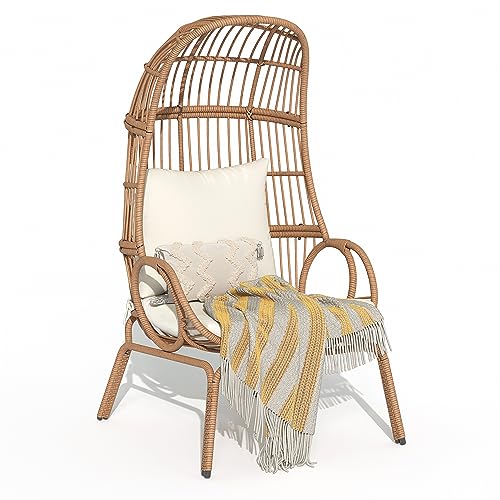 Outdoor Egg Chair with Stand and Cushion, Patio Rattan Basket Chair, Beige F352720