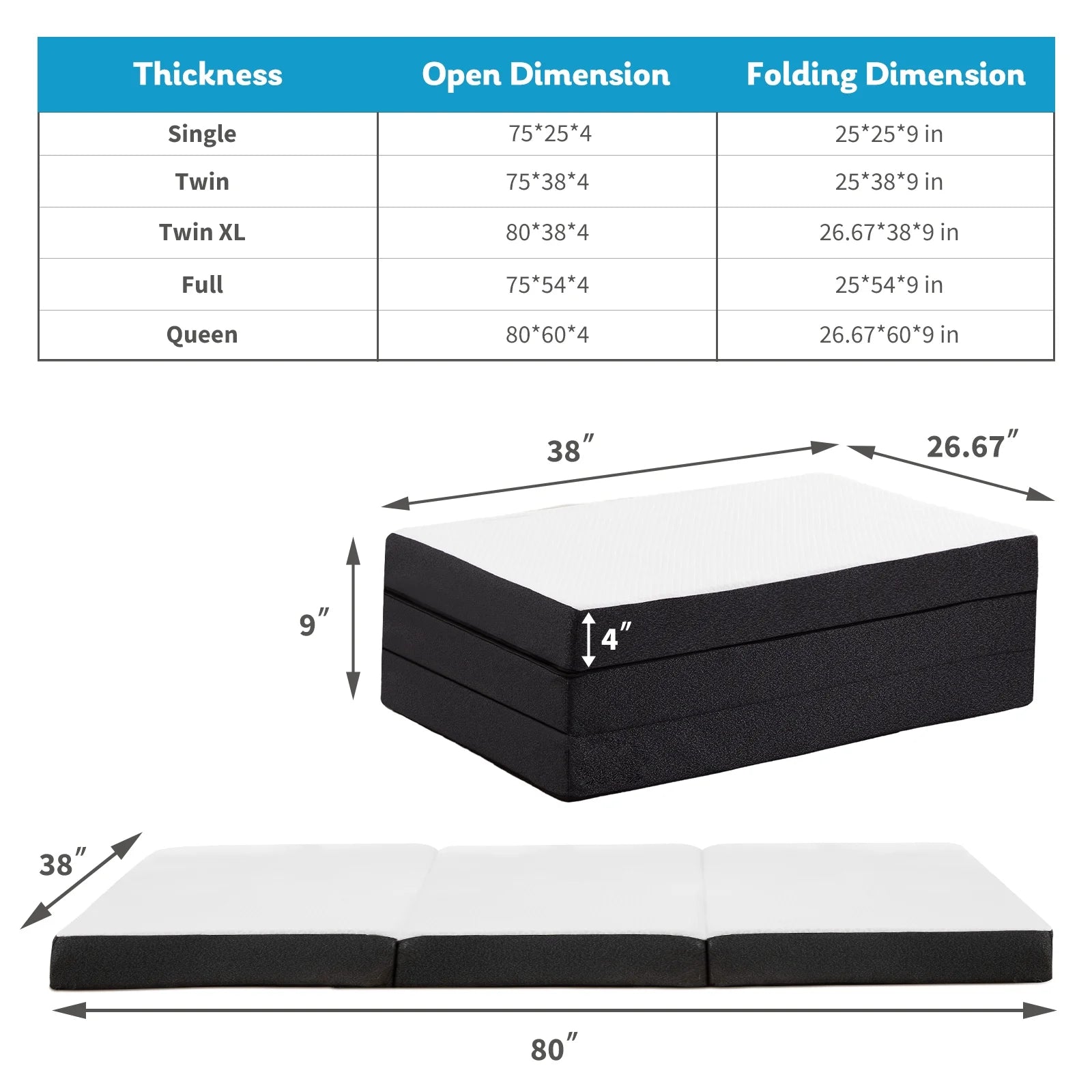 Tri Folding Memory Foam Mattress with Breathable Cover for Camping Travel A48359