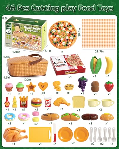 Pretend Play Food Set with Picnic Basket, Cutting Toy Food for Kids Z864