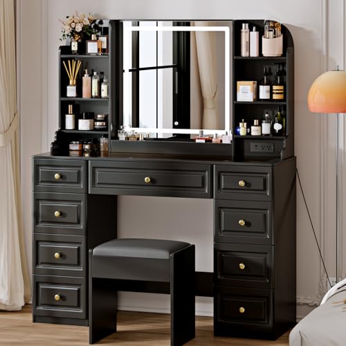 Makeup Vanity Desk with Mirror and Lights, Glass Top, 9 Drawers M5813