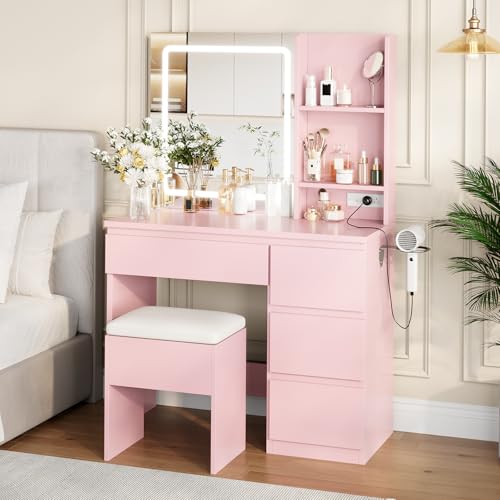Vanity Desk with Mirror and Lights, 4 Drawers and Storage Stool D711