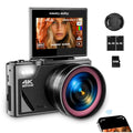 4K Digital Camera for Photography, WiFi UHD Autofocus 64MP Vlogging Camera for YouTube with Super Wide-Angle Lens, 3" 180° Flip Screen, 18X Digital Zoom with 32GB SD Card, 2 Batteries, Black