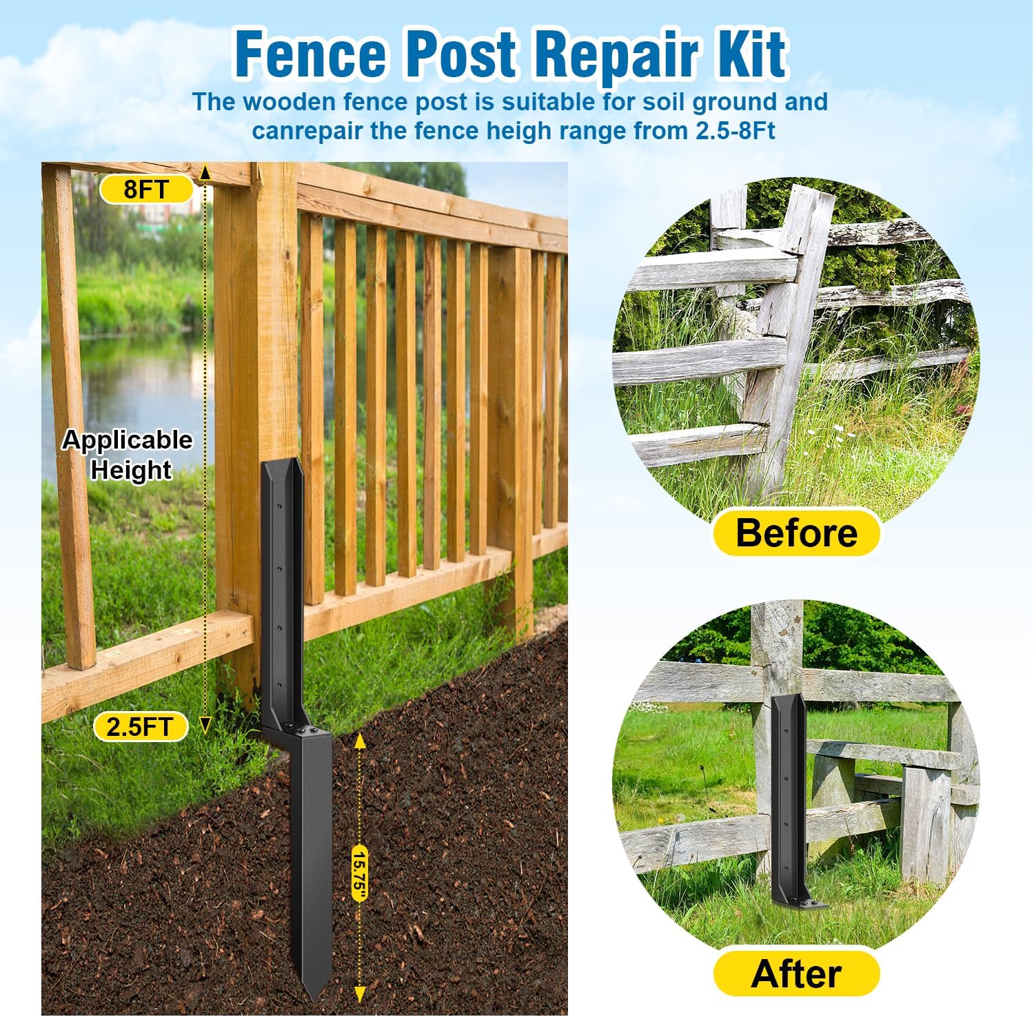 Fence Post Repair Kit for Tilted or Broken Wood Fence E177061