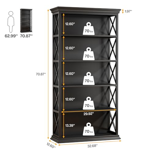 6-Tier Industrial Bookcase, 71 Inches Tall, Floor Standing Storage Shelves for Home Office, Brown and Black V7912