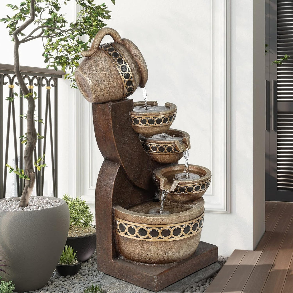 LuxenHome Outdoor Water Fountain, 5 Tiered Polyresin Cascading Pitchers Outdoor Fountains and Waterfalls, Water Fountain Decor for Patio, Yard, and Garden, Water Feature Waterfall Fountains Outdoor
