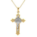 RP 14k Two Tone Gold Saint Benedict INRI Crucifix Cross Reversible Pendant Patron St. Benedict Fine Religious Jewelry for Him & Her