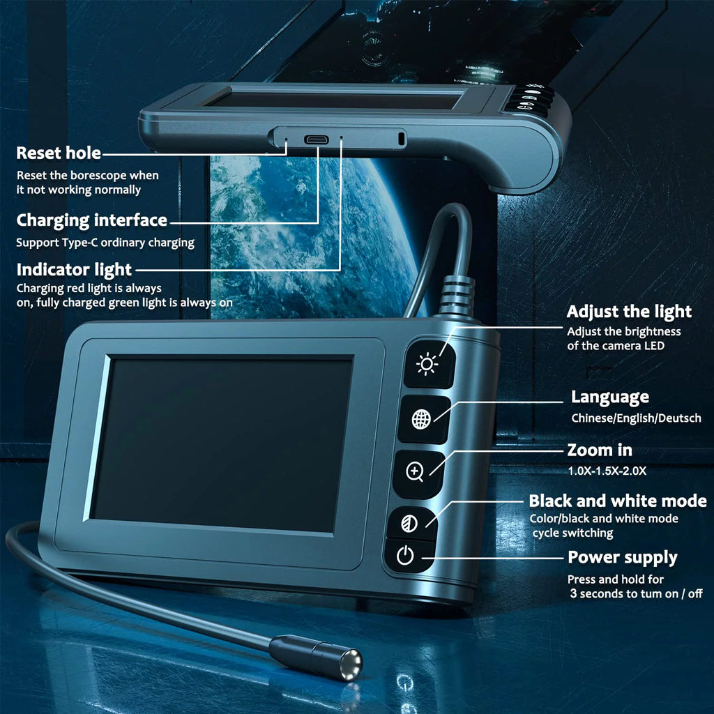 Industrial Endoscope Borescope Camera with 4.3'' LCD Screen, 16.5FT Semi-Rigid Cable I955