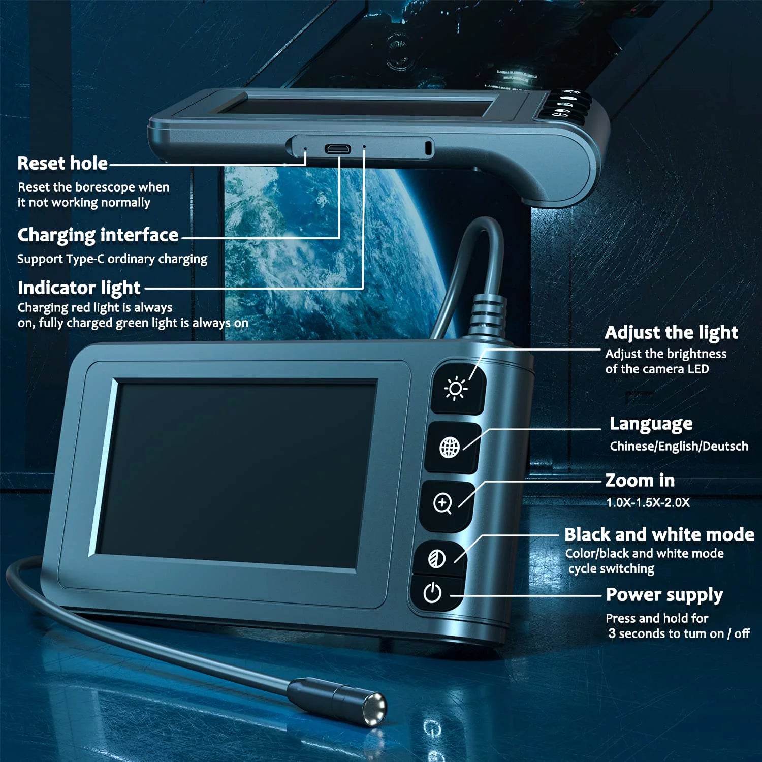 Industrial Endoscope Borescope Camera with 4.3'' LCD Screen, 16.5FT Semi-Rigid Cable I955